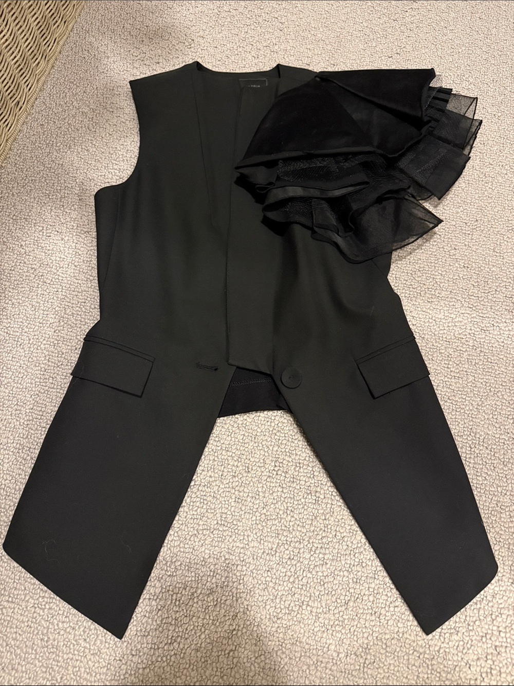 BCBGMaxAzria Black Sleeveless Tailored Vest with Ruffled Shoulder